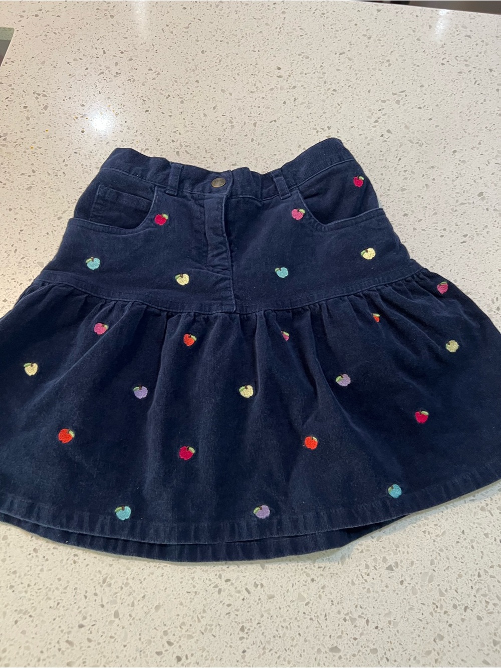 Talbots Navy Corduroy Skater Skirt with Multicolor Heart Embroidery